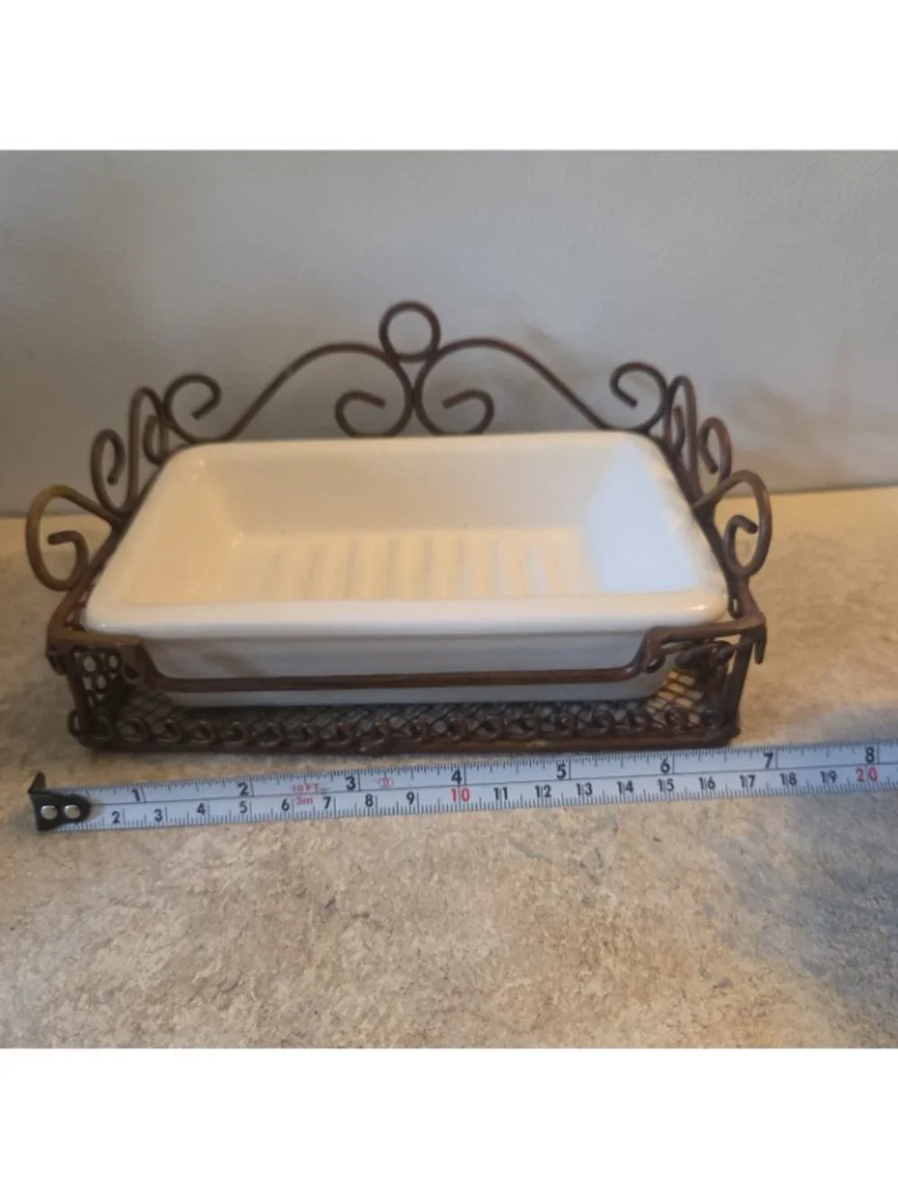 White Ceramic Soap Dish with Wrought Iron Holder Scrolled Brown Metal EUC